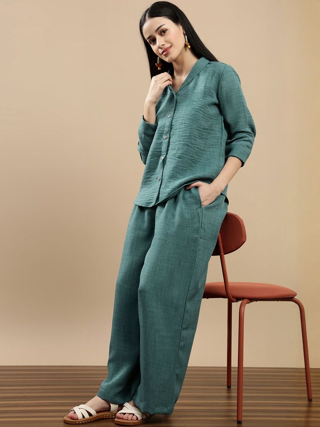 De Moza Shirt Collar Long Sleeves Shirt With Palazzos-picture-28