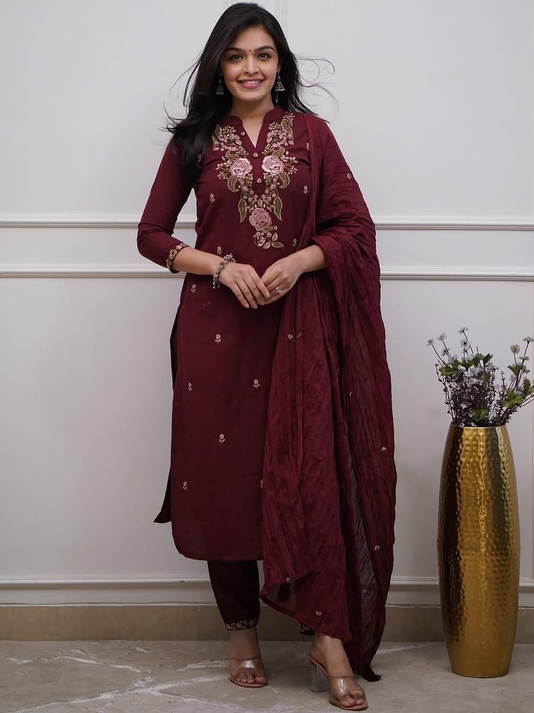 MILAAV Women Floral Embroidered Regular Thread Work Pure Cotton Kurta with Trousers & With Dupatta-picture-12