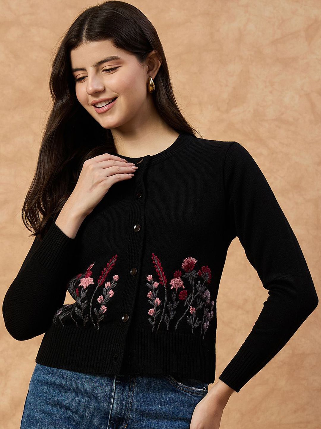 Chemistry Women Floral Embroidered Woollen Round Neck Cardigan-picture-38