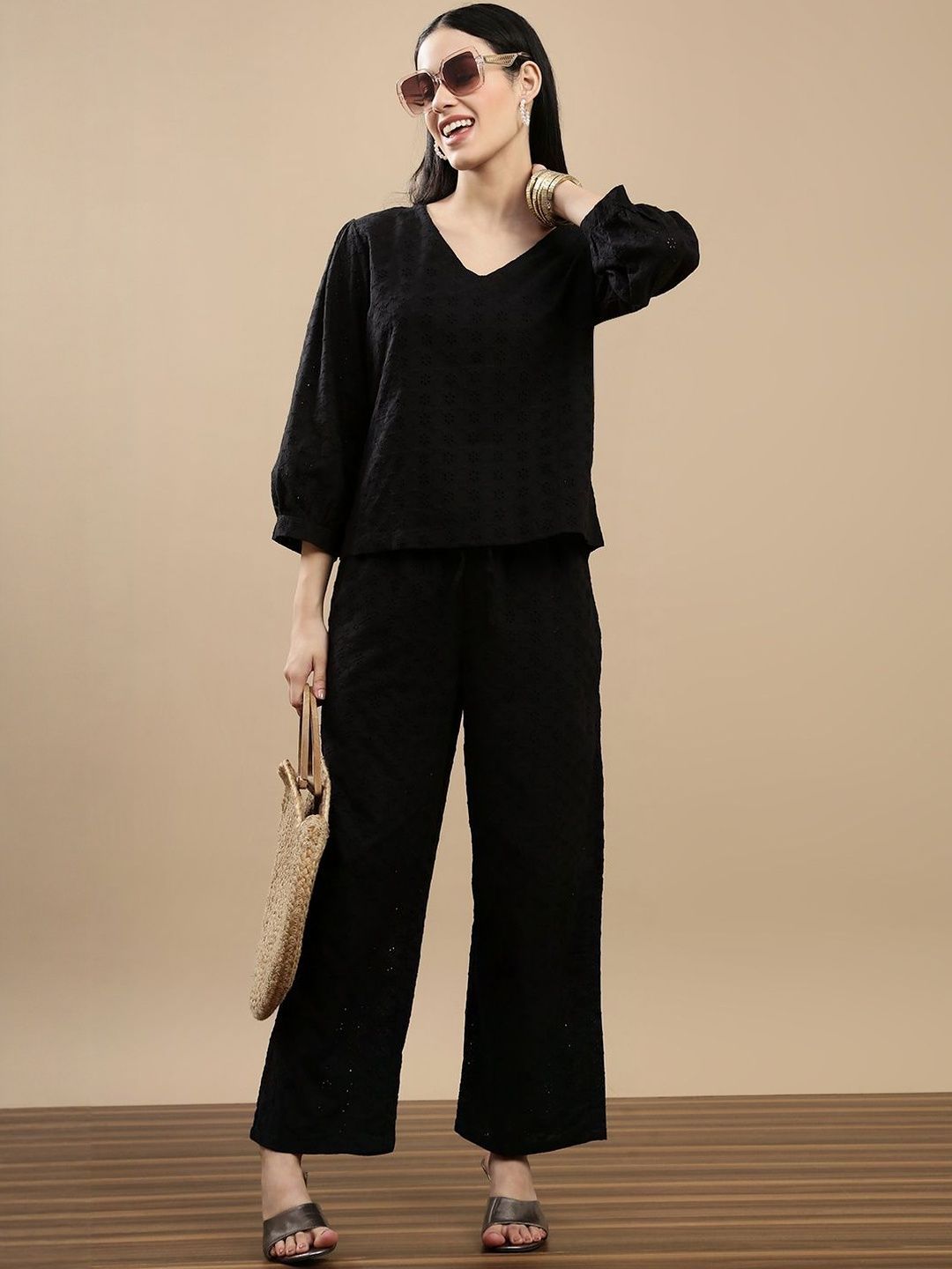 De Moza Floral Embroidered Pure Cotton Top With Palazzos-picture-31