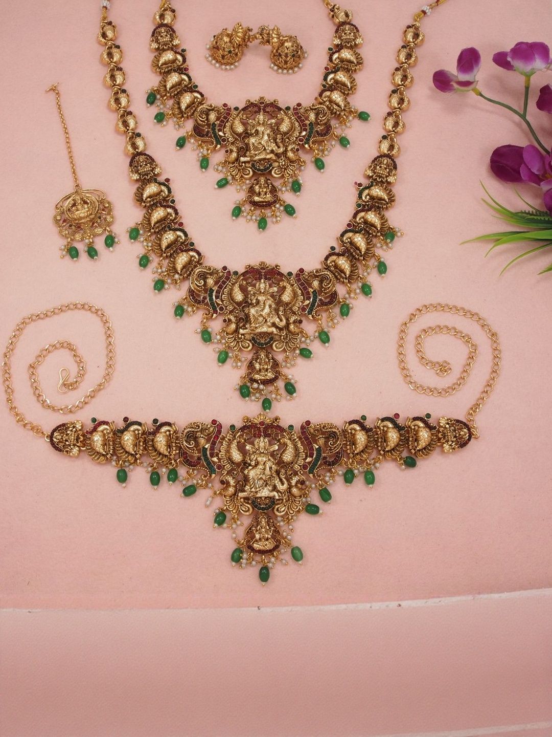 SGA FASHION Gold-Plated Artificial Stones Studded & Beaded Temple Jewellery Set