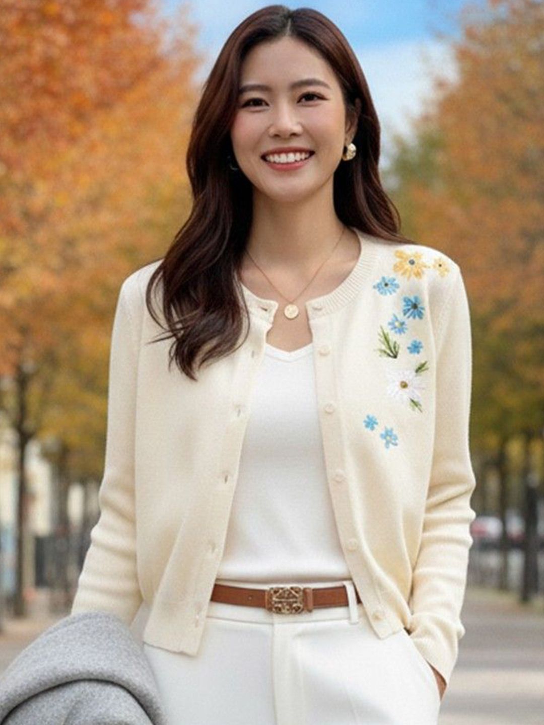 HERE&NOW Women Apricot Printed Round Neck Pullover Cardigan-picture-25