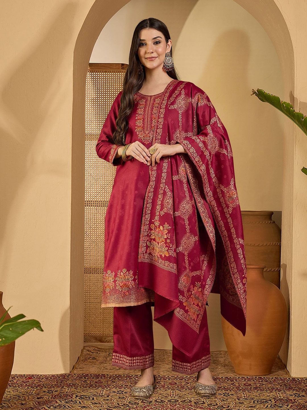Sangria Ethnic Motifs Woven Design Winter Pashmina Unstitched Dress Material-image-31