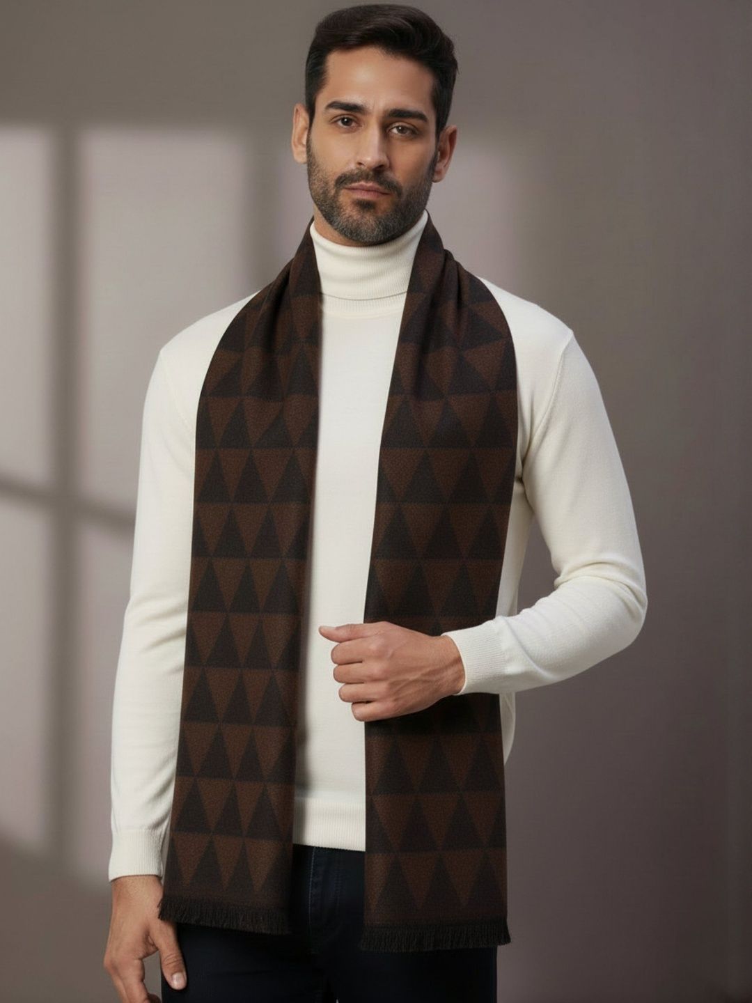 Zamour Men Geometric Pattern Woollen Muffler Scarf-image-4