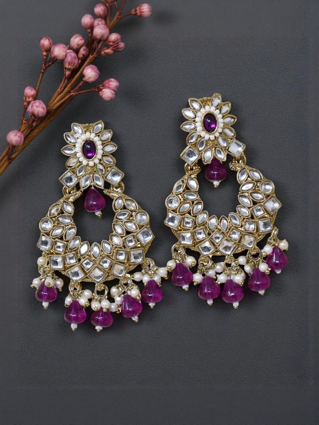 MEIRA JEWELLERY Gold-Plated Artificial Stones Studded & Beaded Teardrop Drop Earrings-picture-11