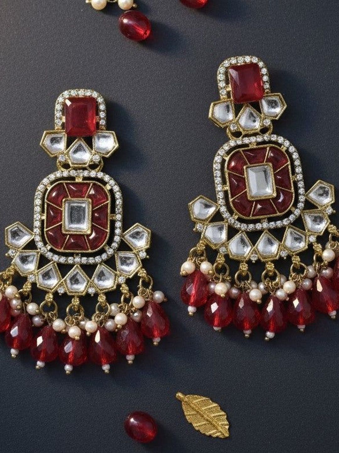 MEIRA JEWELLERY Gold-Plated Artificial Stones Studded & Beaded Teardrop Drop Earrings-picture-37