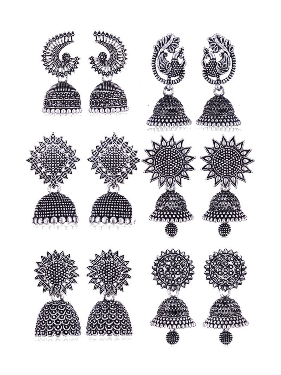 Sangria Set Of 6 Silver Plated Oxidized Jhumka Earrings-picture-22