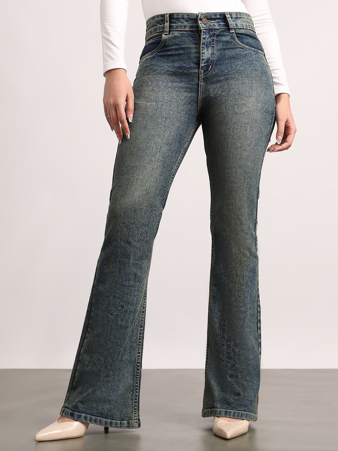Urbano Fashion Women Bootcut Mid-Rise Heavy Fade Stretchable Jeans-picture-45