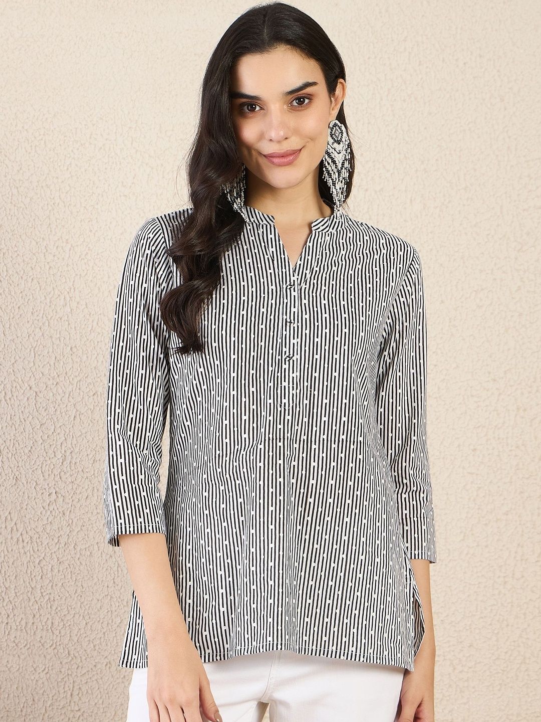 Anouk Rustic Striped Mandarin Collar Cotton Top-picture-10