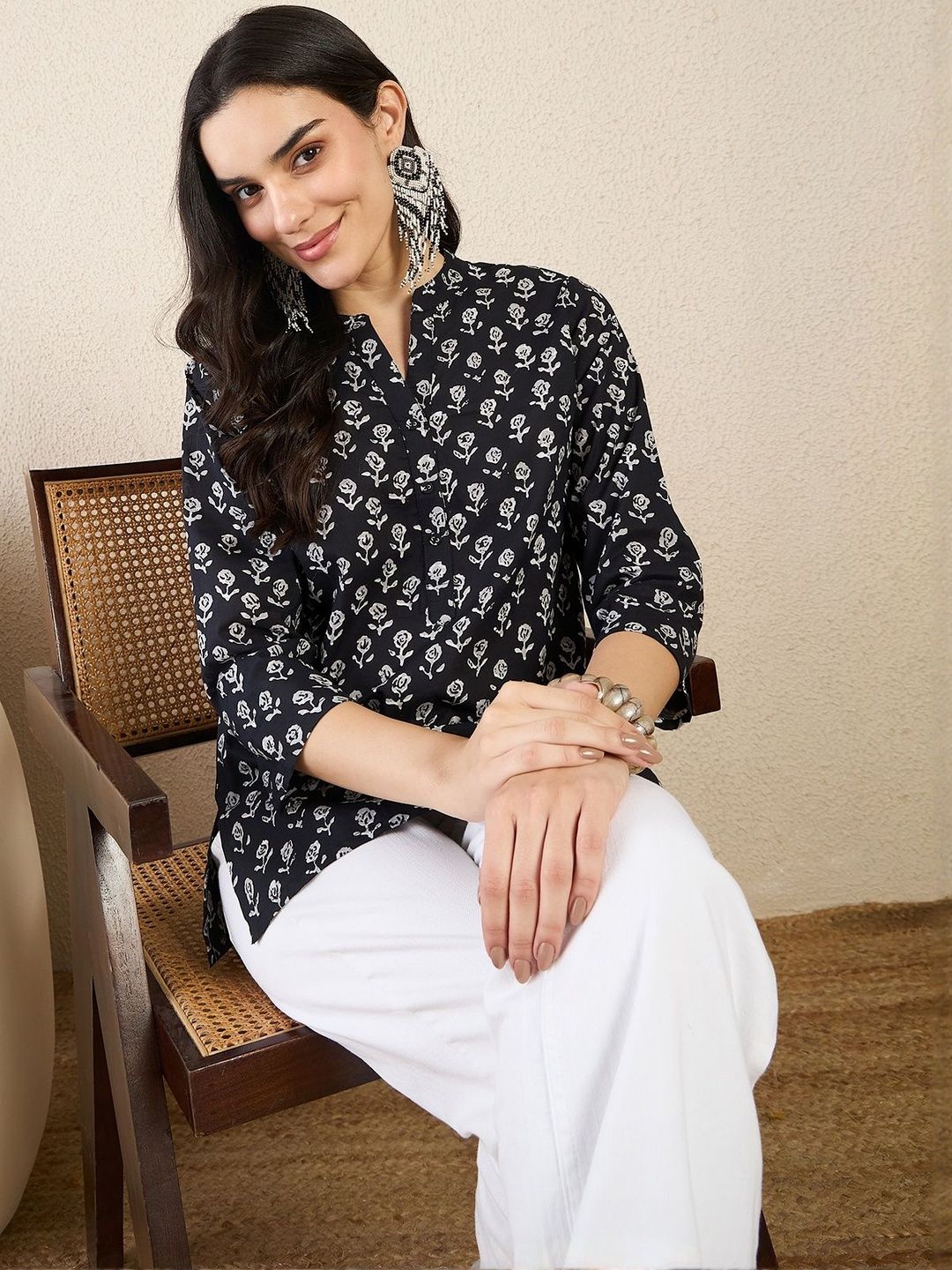 Anouk Rustic Floral Print Mandarin Collar Cotton Top-picture-18