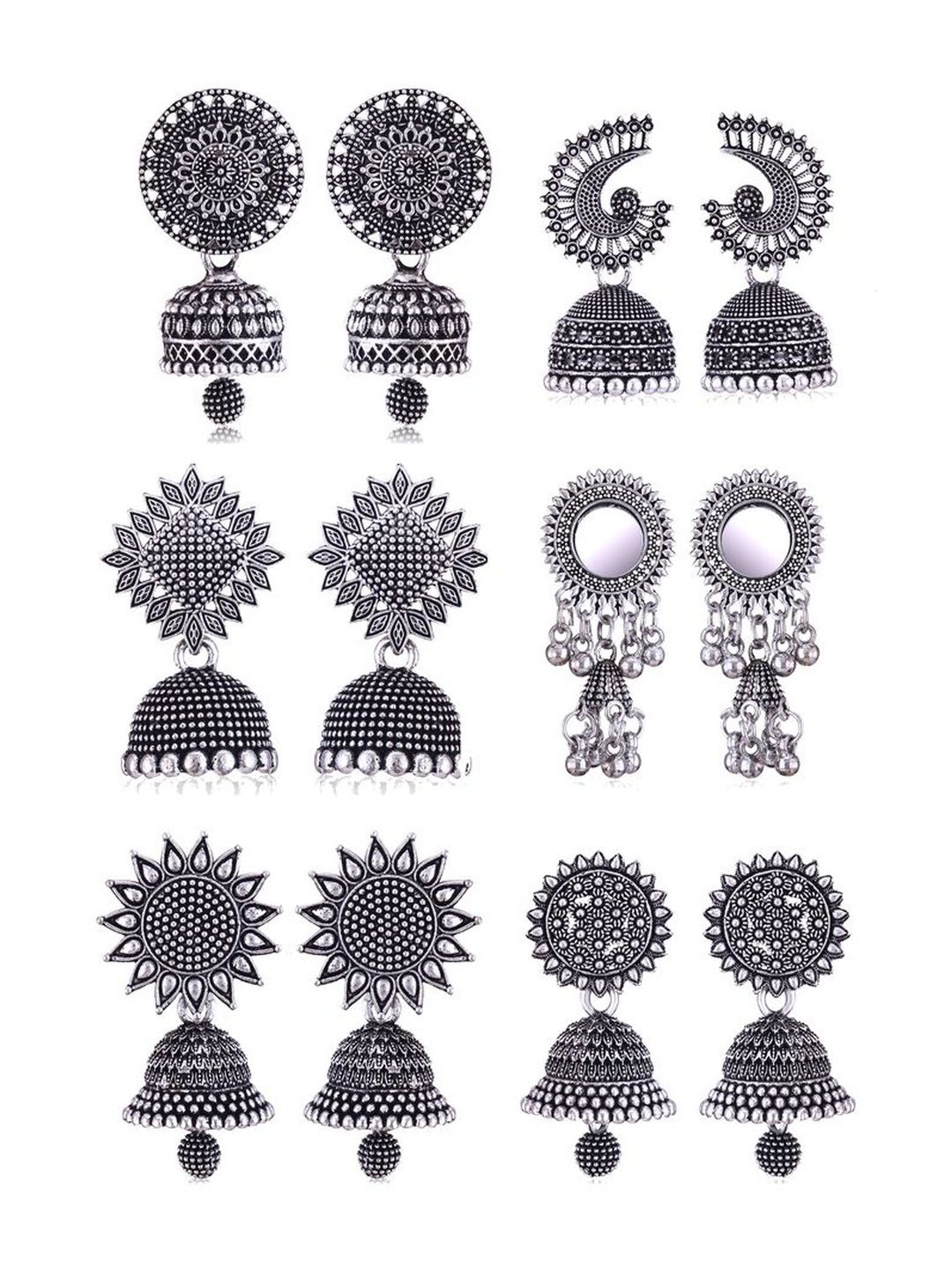 Sangria Set Of 6 Silver Plated Oxidized Jhumka Earrings-picture-34