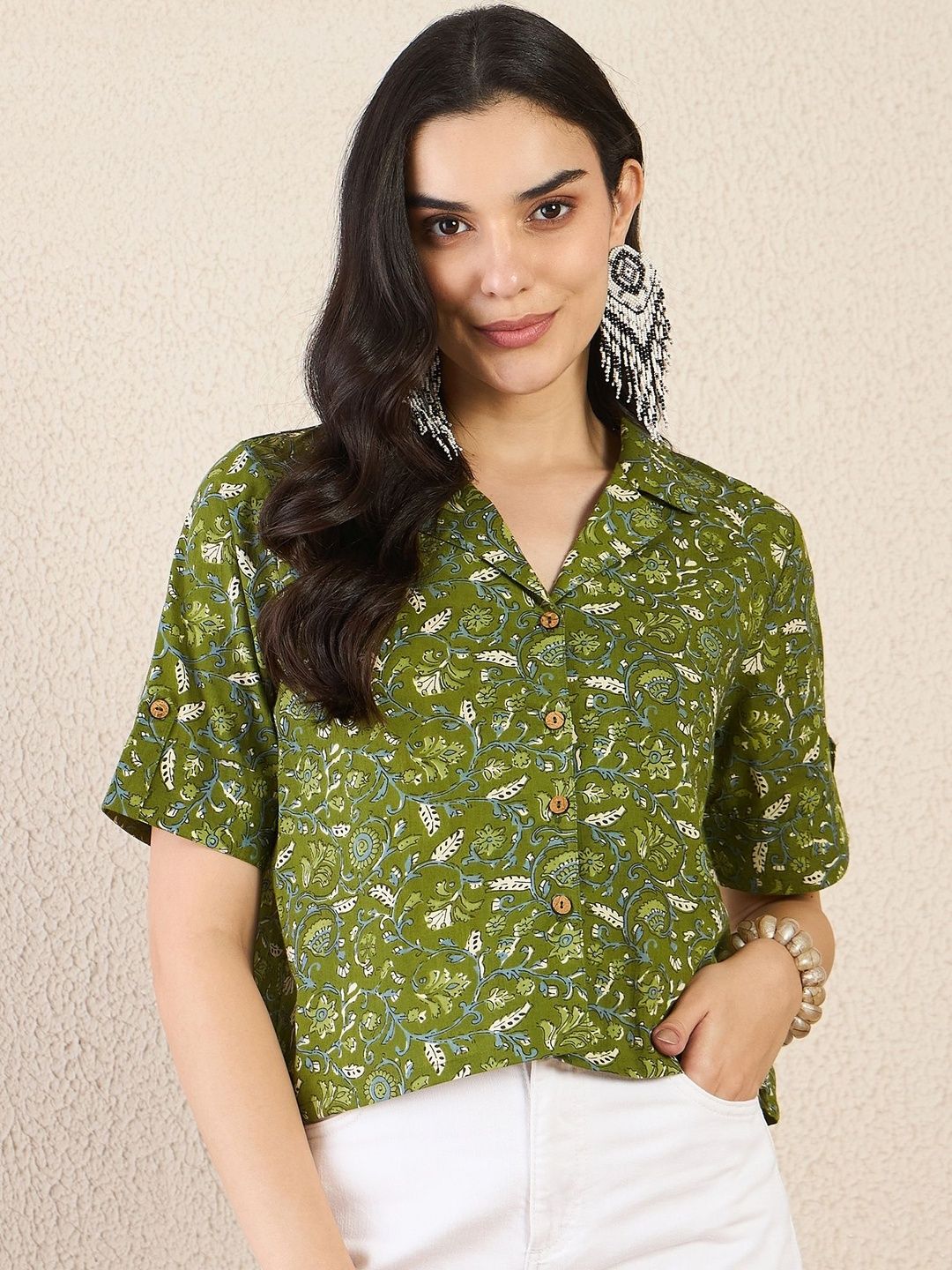 Anouk Rustic Floral Print Roll-Up Sleeves Cotton Top-picture-16