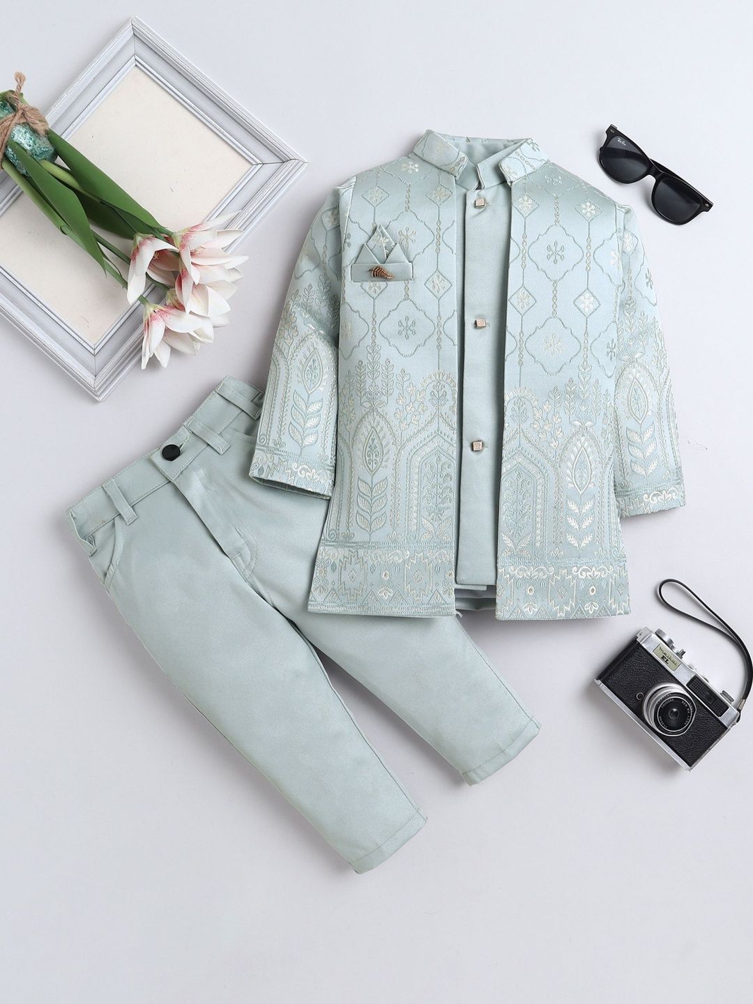 FOURFOLDS Boys Brocade Sherwani, Shrug With Trouser Set-picture-10