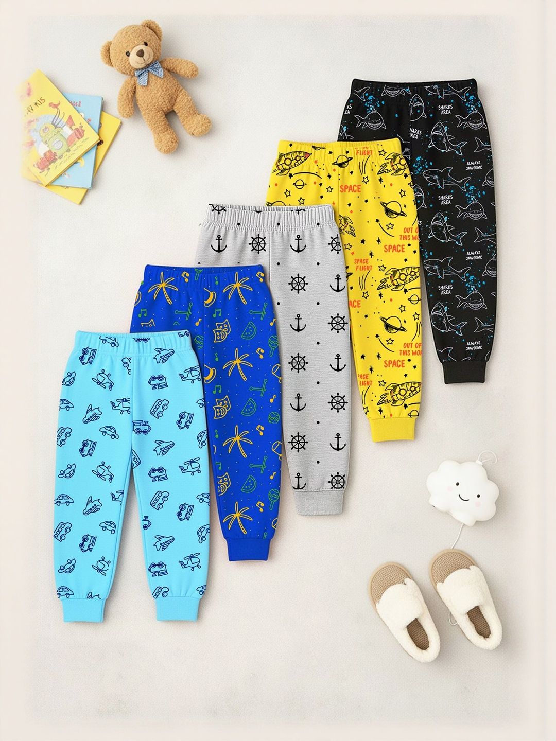 YK X Trampoline Infants Kids Pack Of 5 Printed Cotton Mid-Rise Lounge Joggers-picture-29