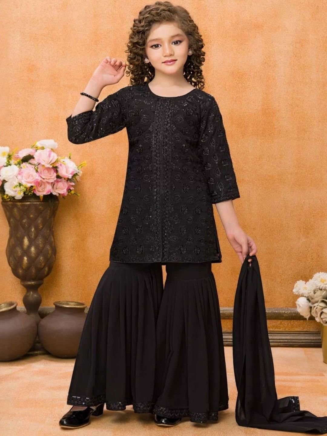 Lagorii Girls Ethnic Motifs Embroidered Regular Sequinned Kurta with Sharara & With Dupatta-picture-24