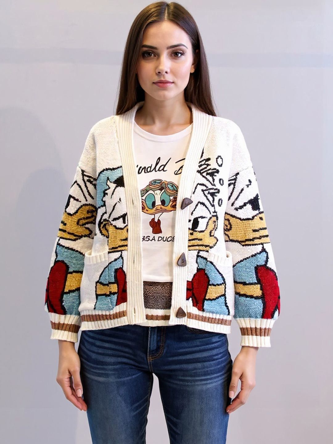 here&now Here & Now Off White Acrylic V-Neck Women Sweater-picture-16