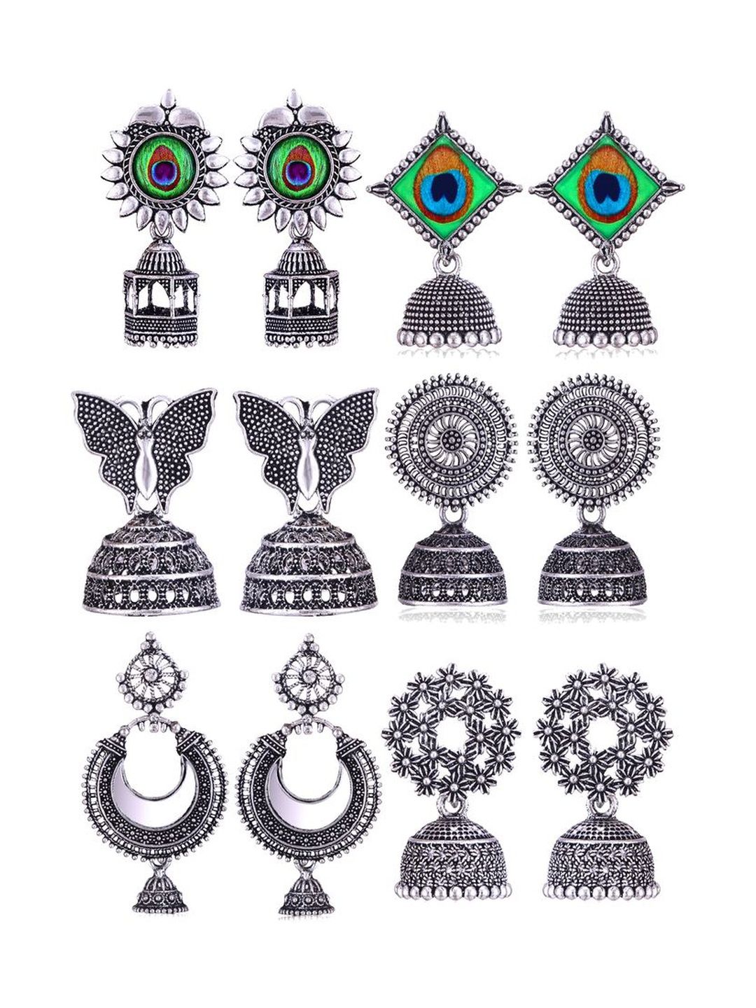 Sangria Set Of 6 Silver-Plated Stones-Studded & Beaded Oxidized Jhumka Earrings-picture-30
