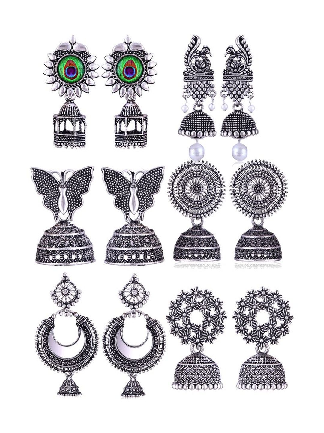 Sangria Set Of 6 Silver-Plated Stones-Studded & Beaded Oxidized Jhumka Earrings-picture-29