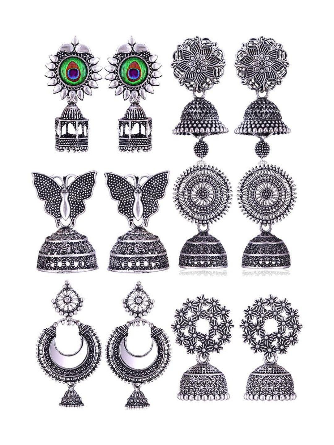 Sangria Set Of 6 Silver-Plated Artificial Stone-Studded & Beaded Dome Oxidized Jhumkas-image-30