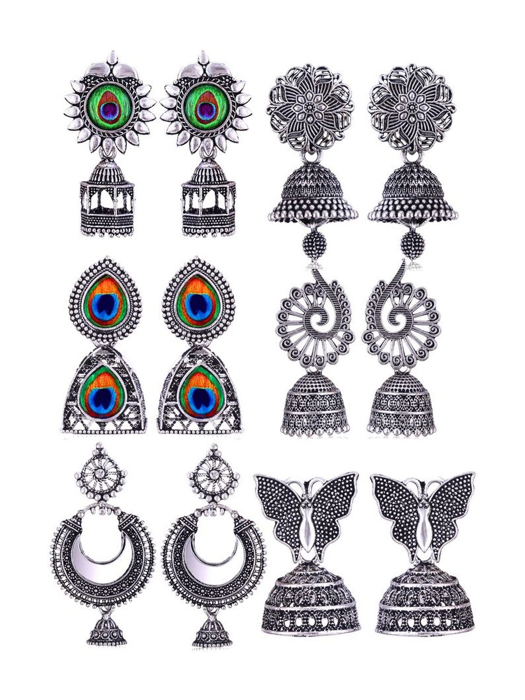 Sangria Set Of 6 Silver-Plated Stones-Studded & Beaded Oxidized Jhumka Earrings-picture-24