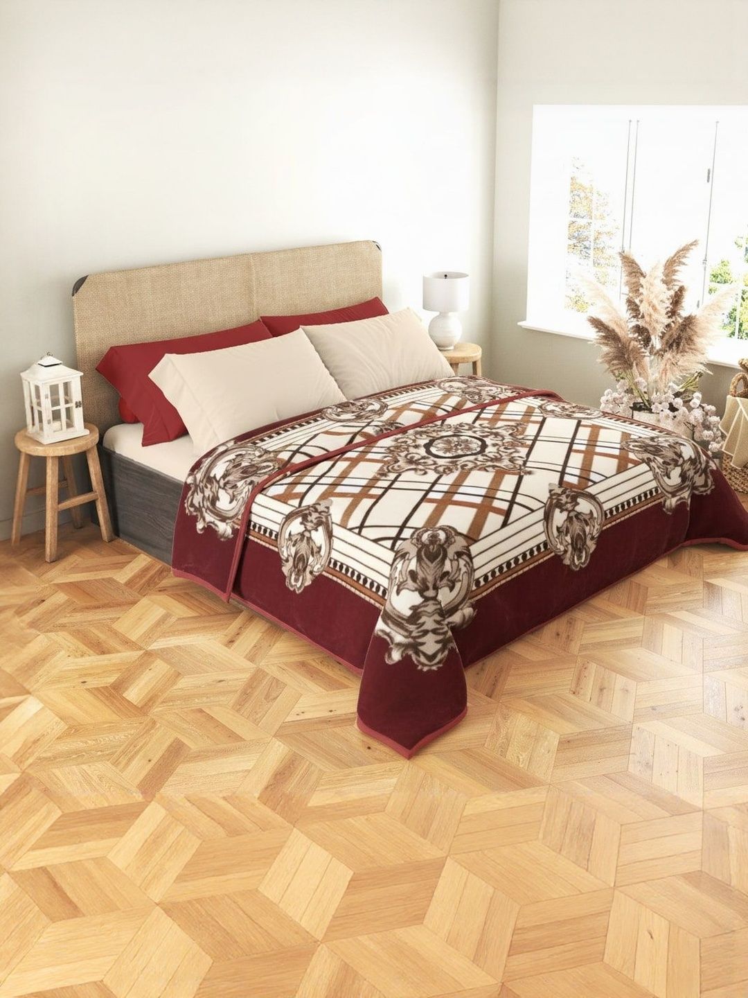 Nivasam Maroon & White Floral Printed Mink 600 GSM Mild Winter Blanket-picture-28