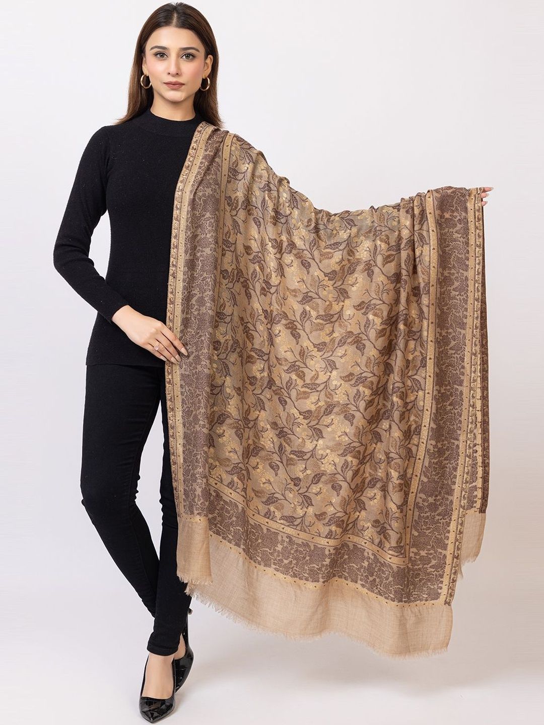 TILLAARI Floral Woven Design Shawl With Fringed Border-image-1
