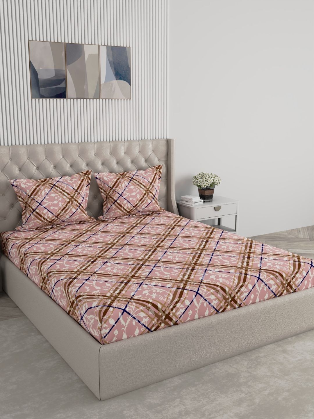 Raymond Home Pink & Brown Geometric Printed 120 TC Bedsheet & 2 Pillow Covers 88" x 107"-picture-30