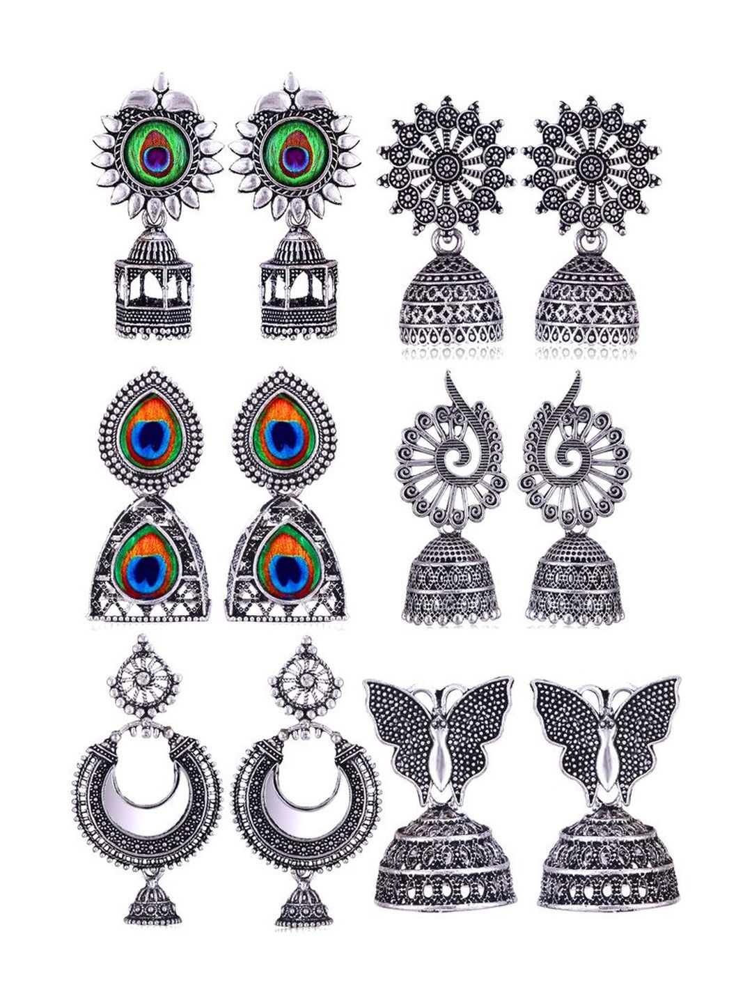 Sangria Set Of 6 Silver-Plated Stones-Studded & Beaded Oxidized Jhumka Earrings-picture-22