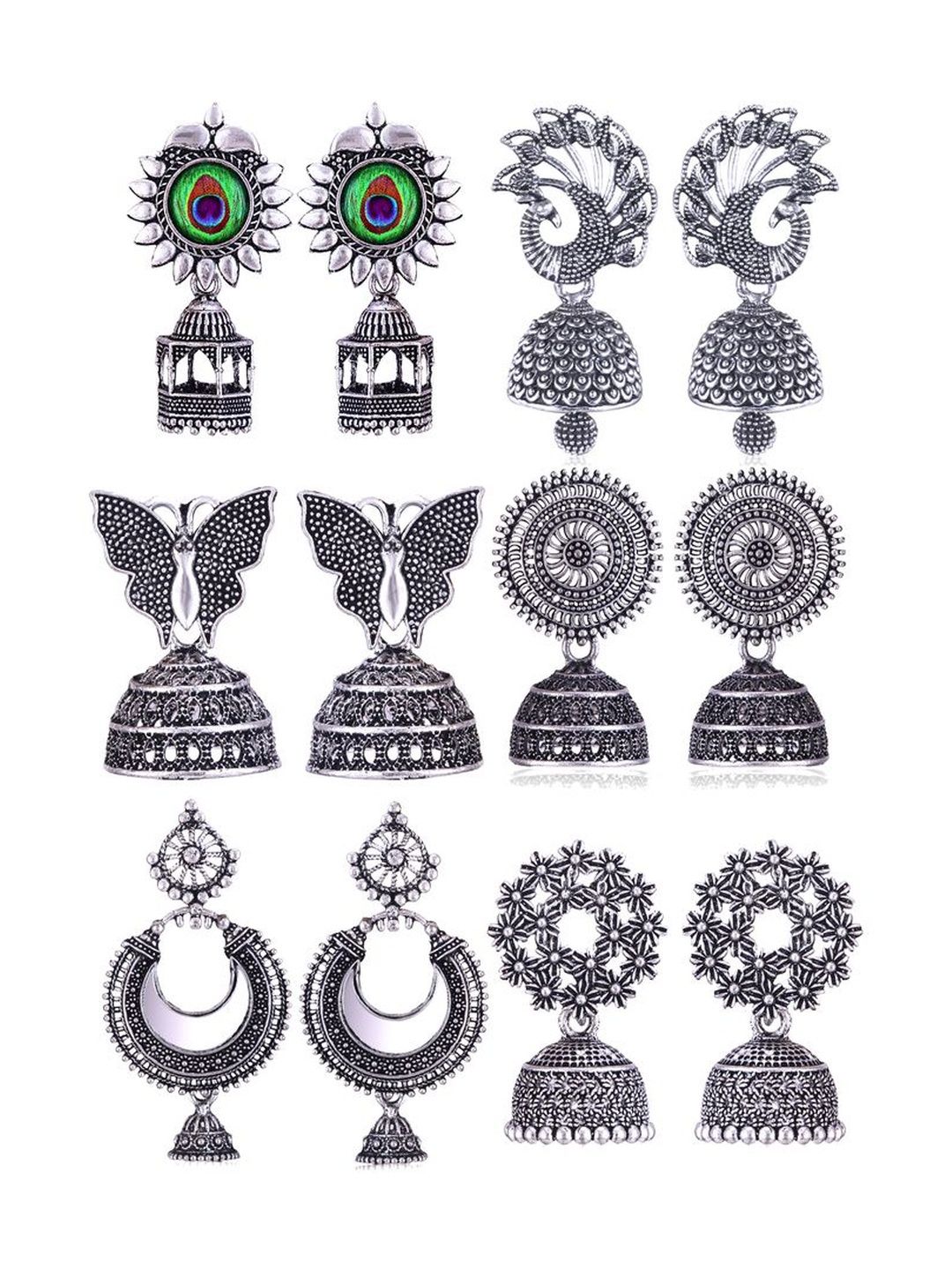 Sangria Set Of 6 Silver-Plated Stones-Studded & Beaded Oxidized Jhumka Earrings-picture-32
