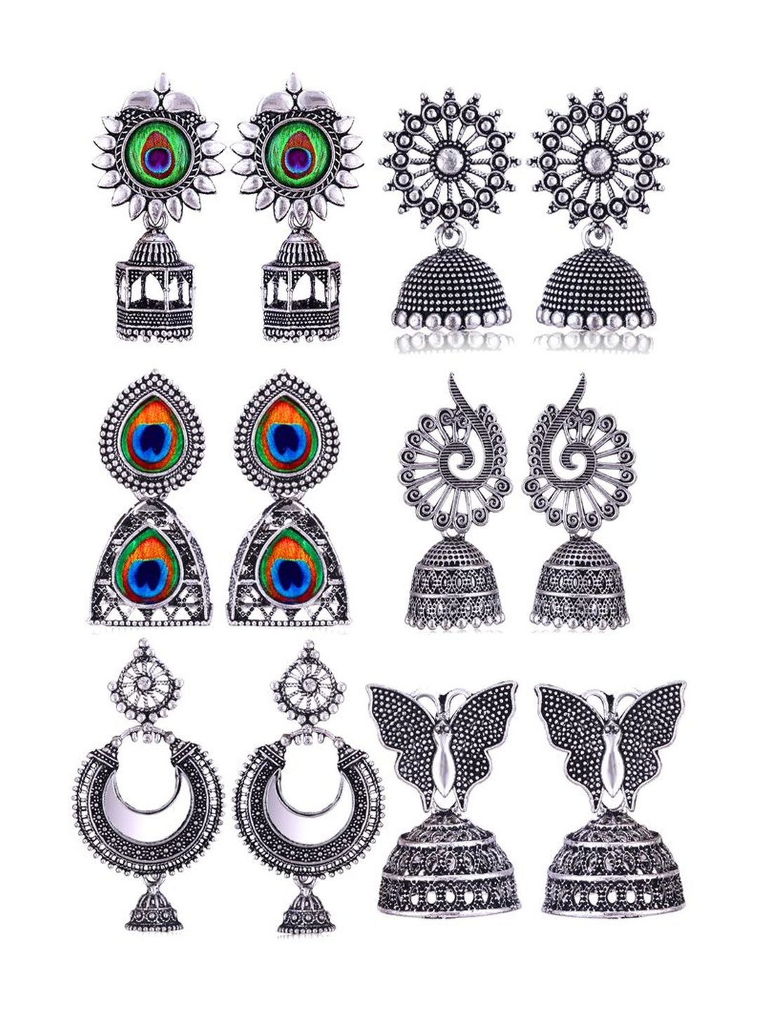 Sangria Set Of 6 Silver-Plated Stones-Studded & Beaded Oxidized Jhumka Earrings-picture-28
