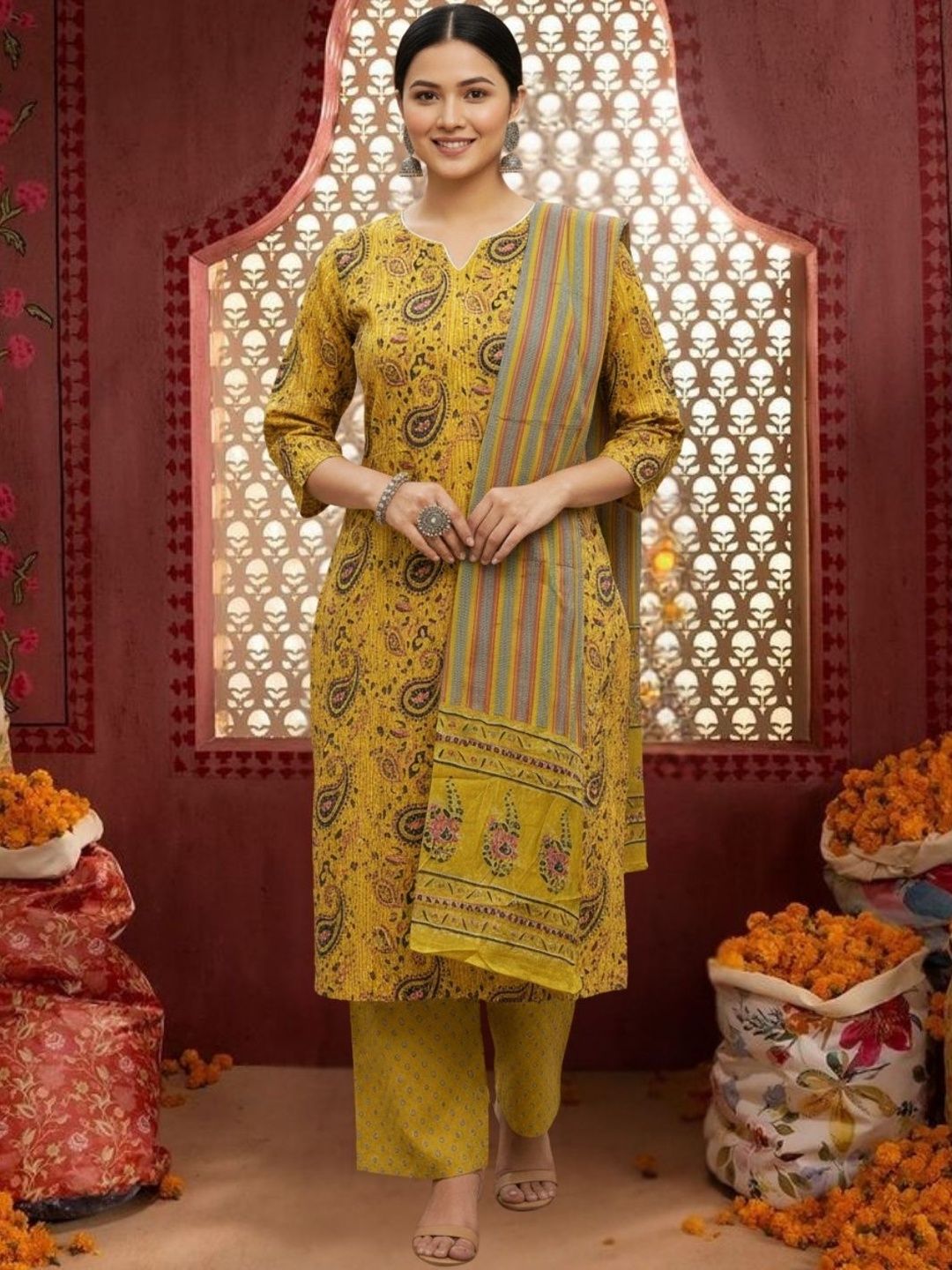 OZIA Women Paisley Printed Regular Pure Cotton Kurta with Palazzos & With Dupatta-picture-21