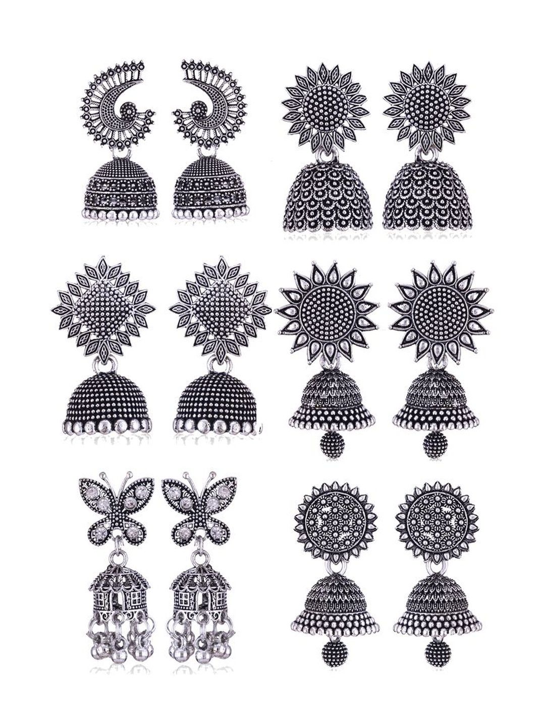 Sangria Set Of 6 Silver-Plated Stones-Studded & Beaded Oxidized Jhumka Earrings-picture-14