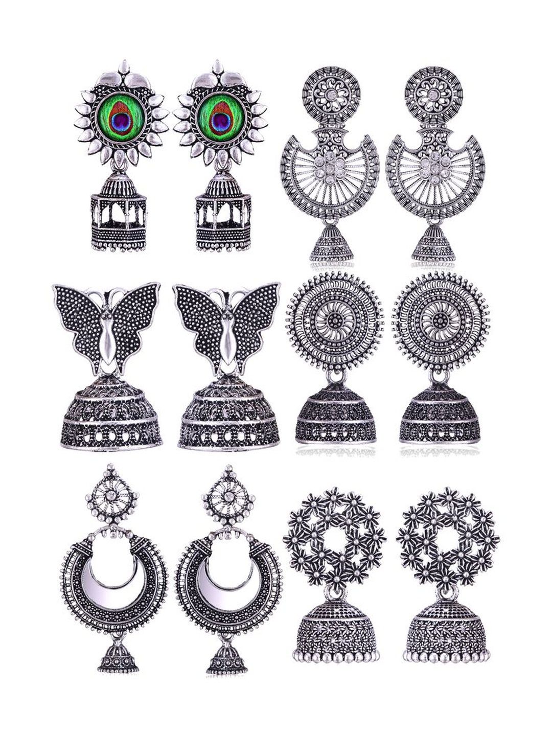 Sangria Set Of 6 Silver-Plated Stones-Studded & Beaded Oxidized Jhumka Earrings-picture-35