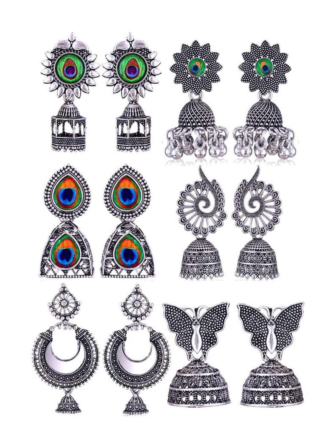 Sangria Set Of 6 Silver-Plated Stones-Studded & Beaded Oxidized Jhumka Earrings-picture-17