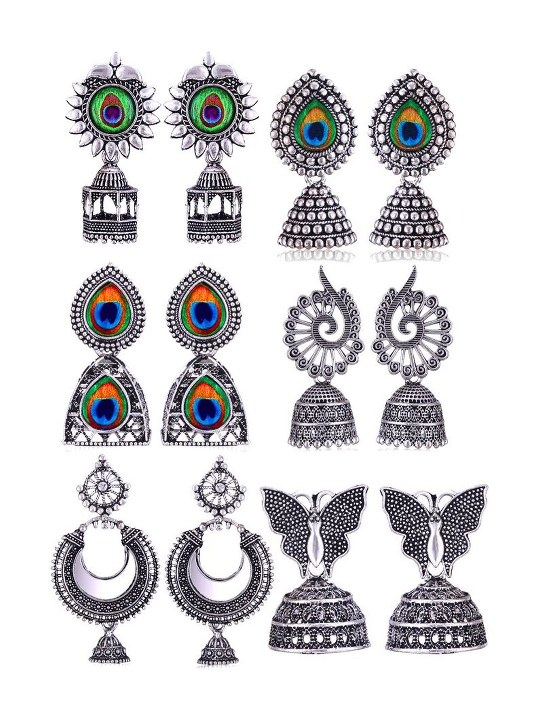 Sangria Set Of 6 Silver-Plated Stones-Studded & Beaded Oxidized Jhumka Earrings-picture-21