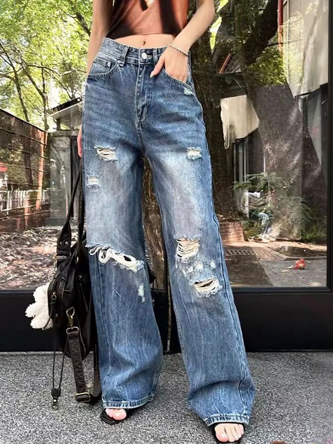 LULU & SKY Women Wide Leg Low-Rise Highly Distressed Light Fade Jeans-image-35