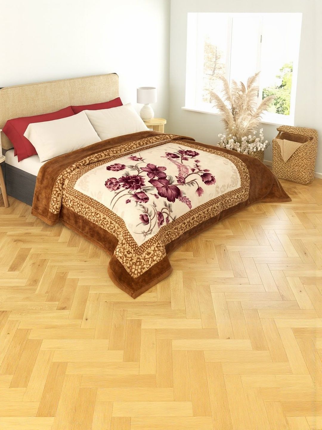 Nivasam Camel Brown & White Floral Printed Mink 600 GSM Mild Winter Blanket-picture-17