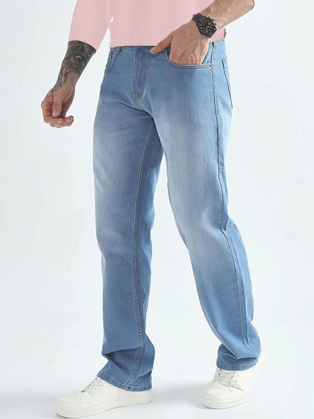 VYNTIQ Men Jean Straight Fit Mid-Rise Mildly Distressed Light Fade Stretchable Jeans-picture-6