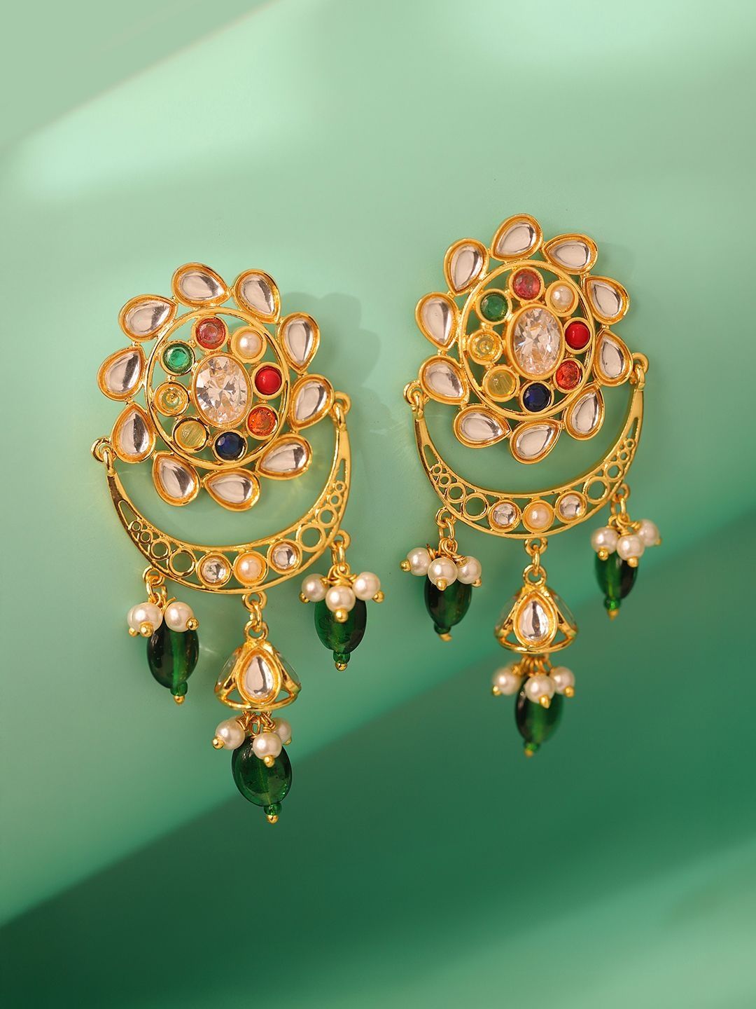 Voylla Navratna Chandra Kundan Studded & Pearls Beaded Floral Shaped Chandbalis Earrings-picture-24
