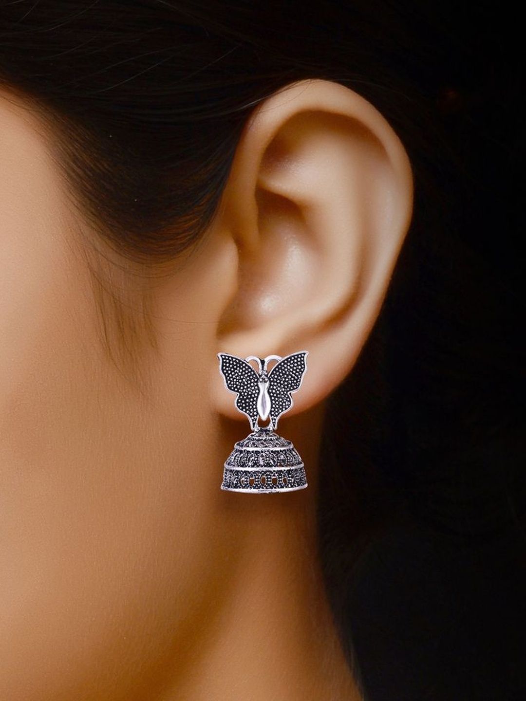 Sangria Set Of 6 Silver-Plated Stones-Studded & Beaded Oxidized Jhumka Earrings-picture-38