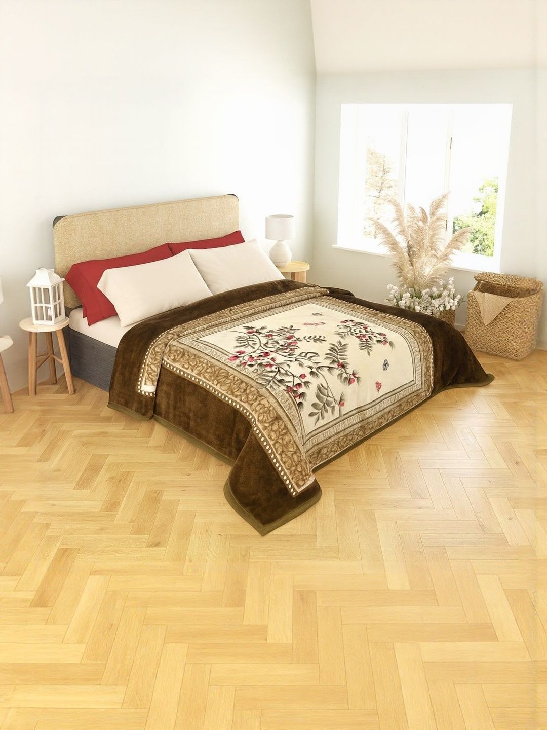 Nivasam Brown & Red Floral Printed Mink 600 GSM Mild Winter Blanket-picture-16