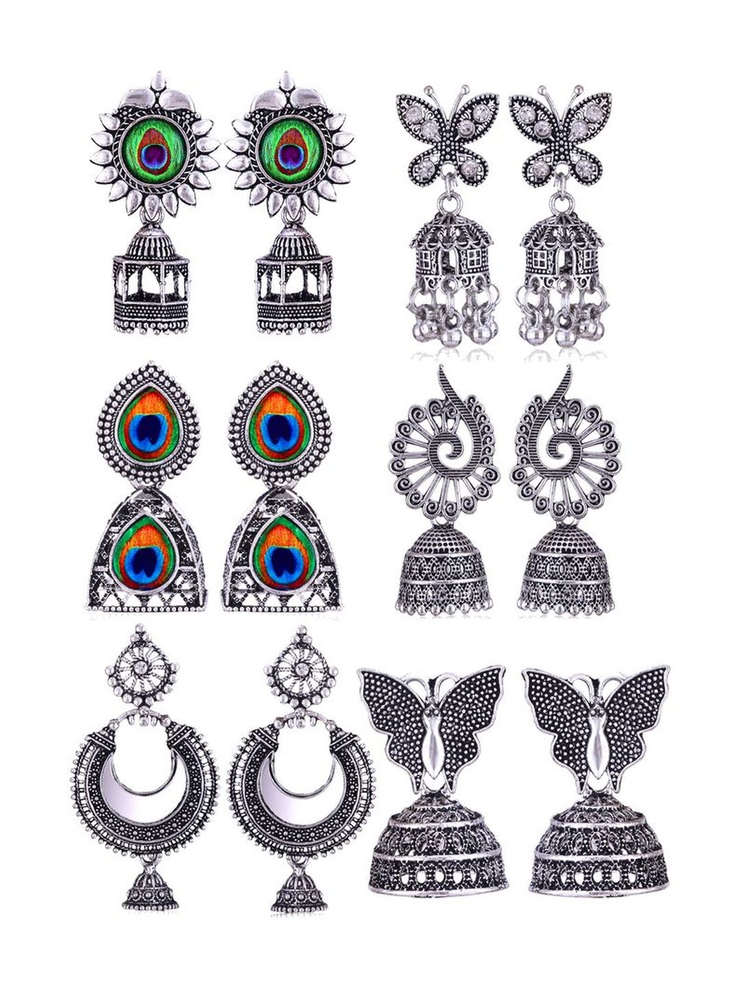 Sangria Set Of 6 Silver-Plated Stones-Studded & Beaded Oxidized Jhumka Earrings-picture-12