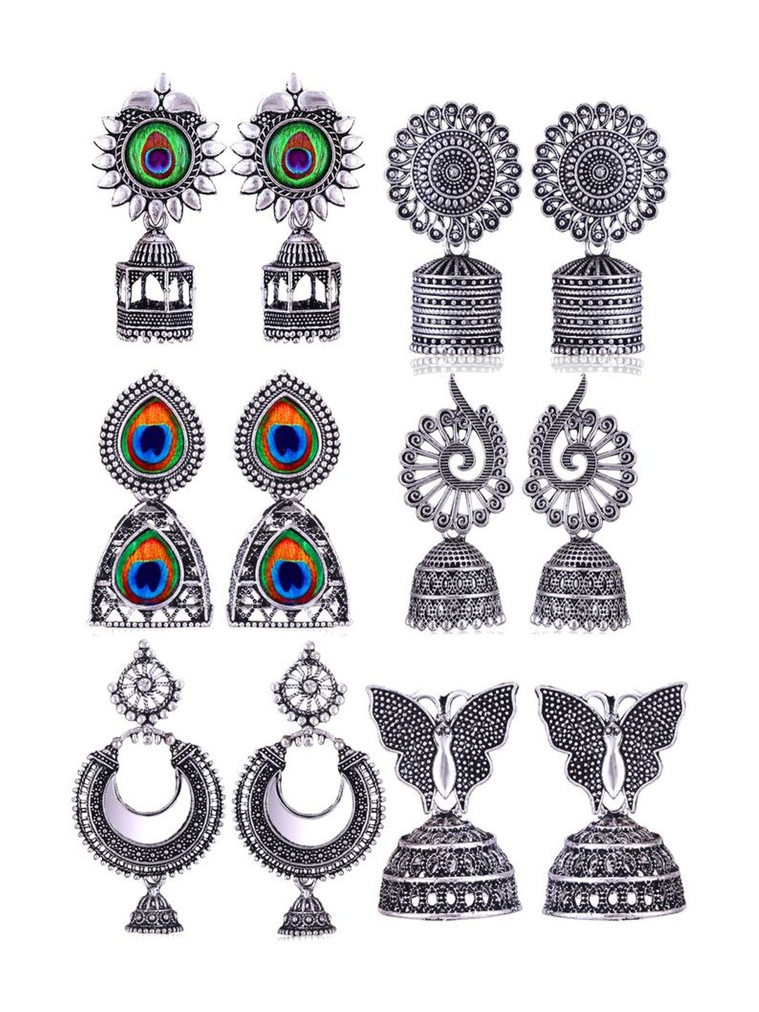 Sangria Set Of 6 Silver-Plated Stones-Studded & Beaded Oxidized Jhumka Earrings-picture-23