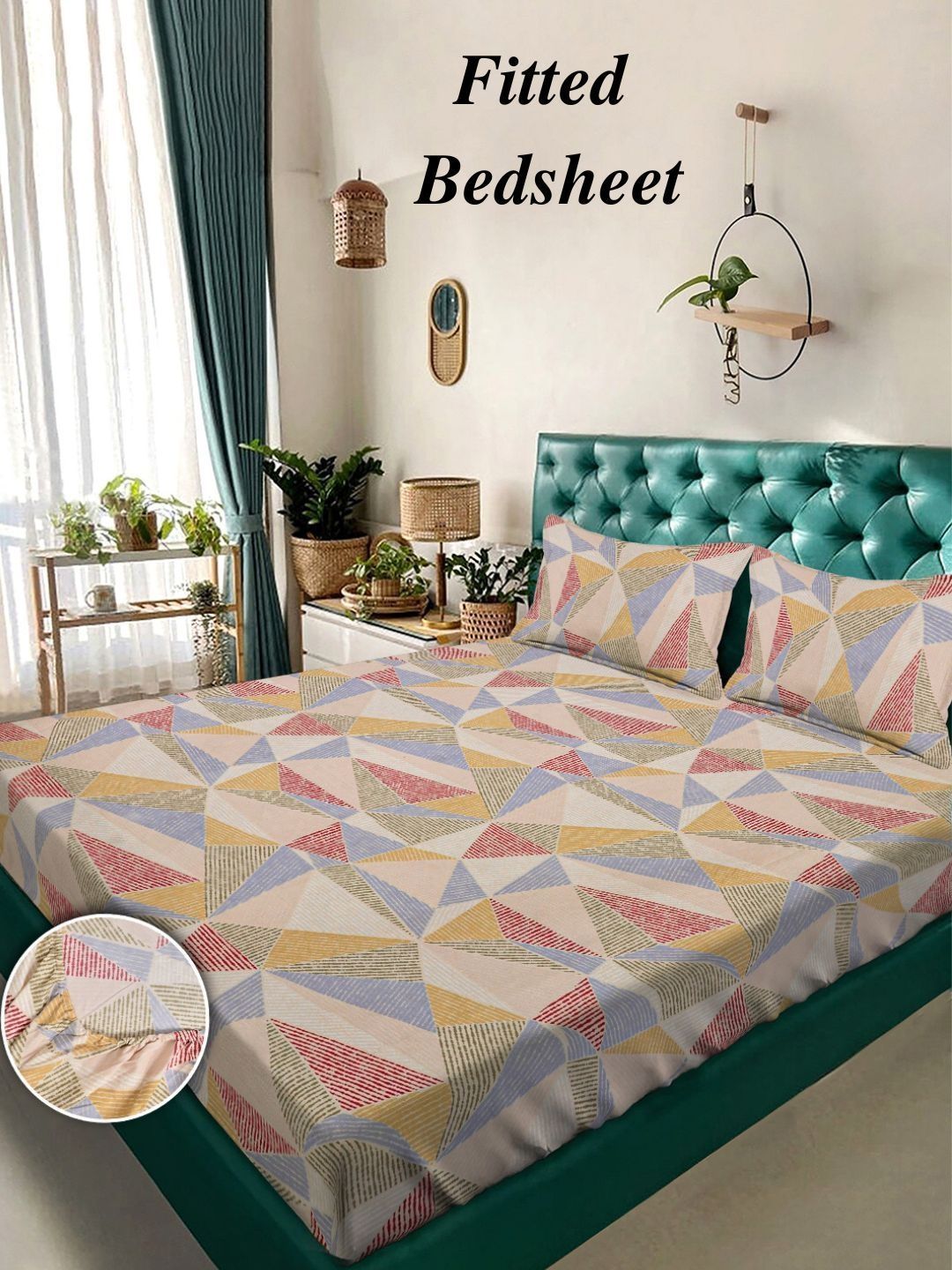 Aura Beige & Red Geometric 350 TC Bedsheet with 2 Pillow Covers-picture-41