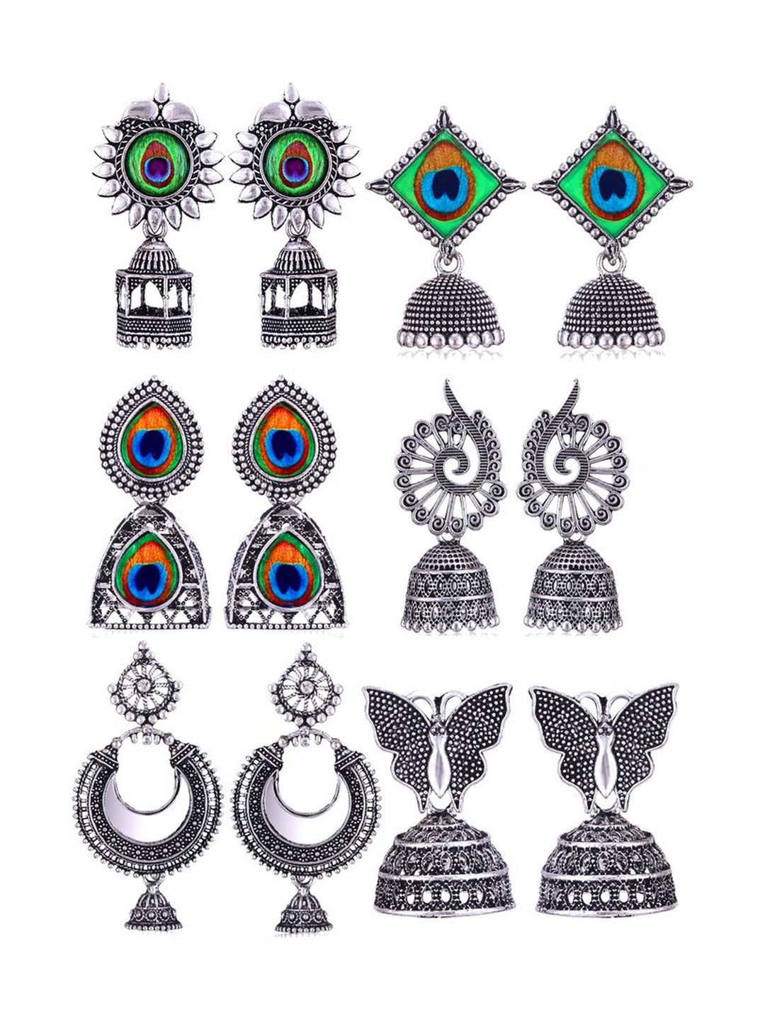 Sangria Set Of 6 Silver-Plated Stones-Studded & Beaded Oxidized Jhumka Earrings-picture-27