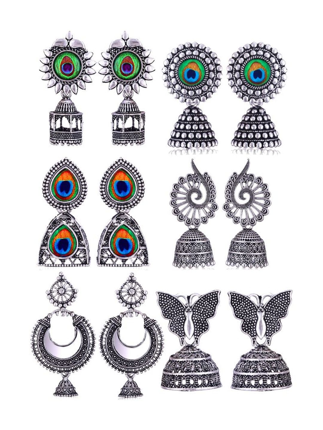 Sangria Set Of 6 Silver-Plated Stones-Studded & Beaded Oxidized Jhumka Earrings-picture-18