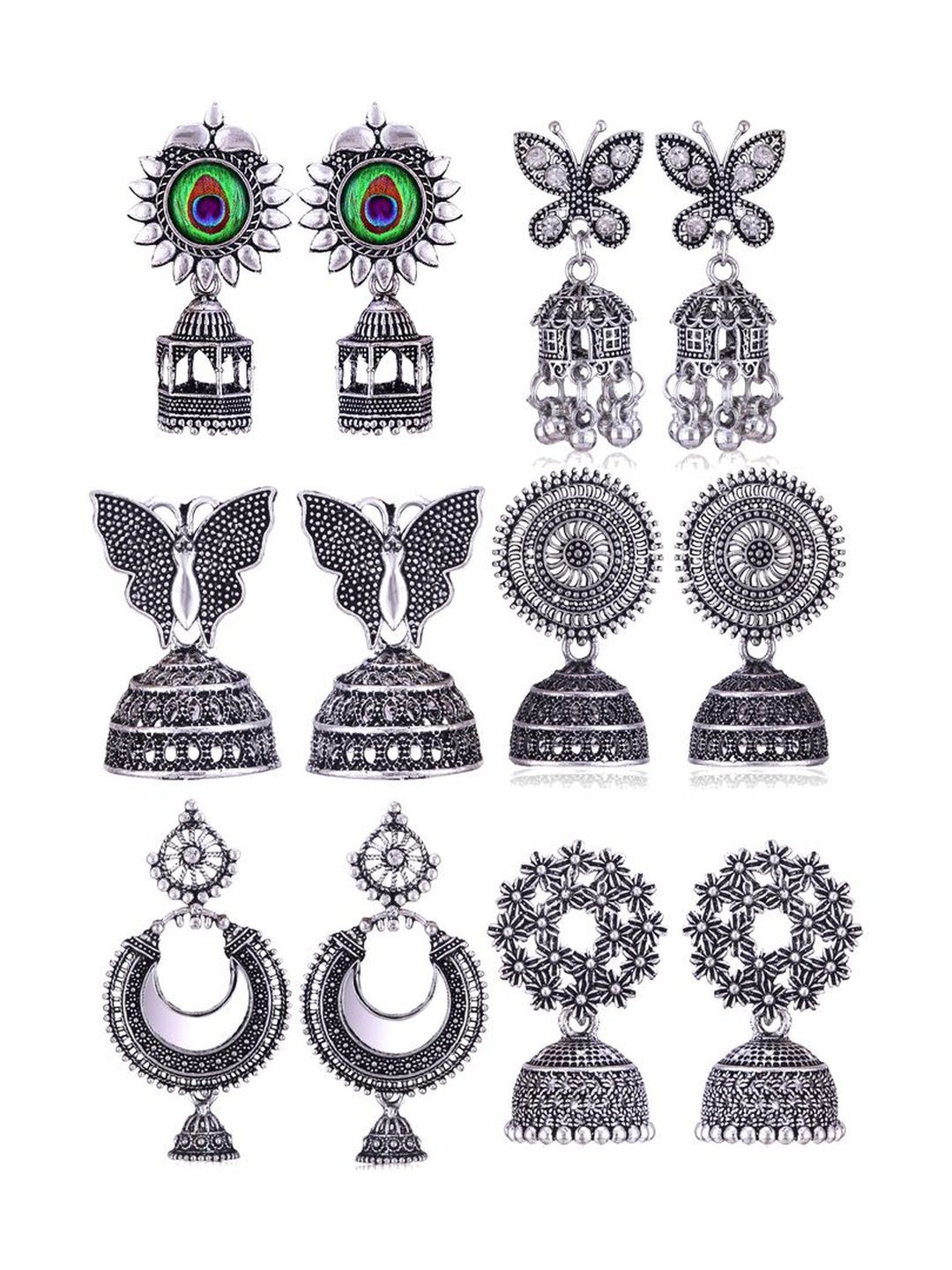 Sangria Set Of 6 Silver-Plated Stones-Studded & Beaded Oxidized Jhumka Earrings-picture-36