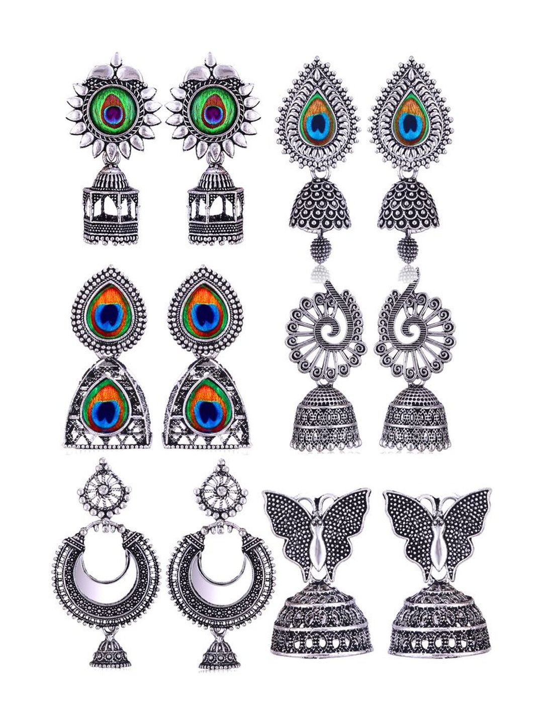 Sangria Set Of 6 Silver-Plated Stones-Studded & Beaded Oxidized Jhumka Earrings-picture-26