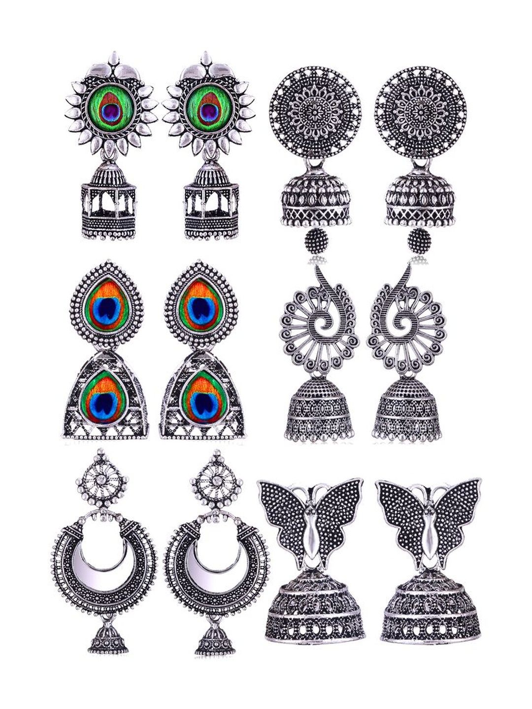 Sangria Set Of 6 Silver-Plated Stones-Studded & Beaded Oxidized Jhumka Earrings-picture-20