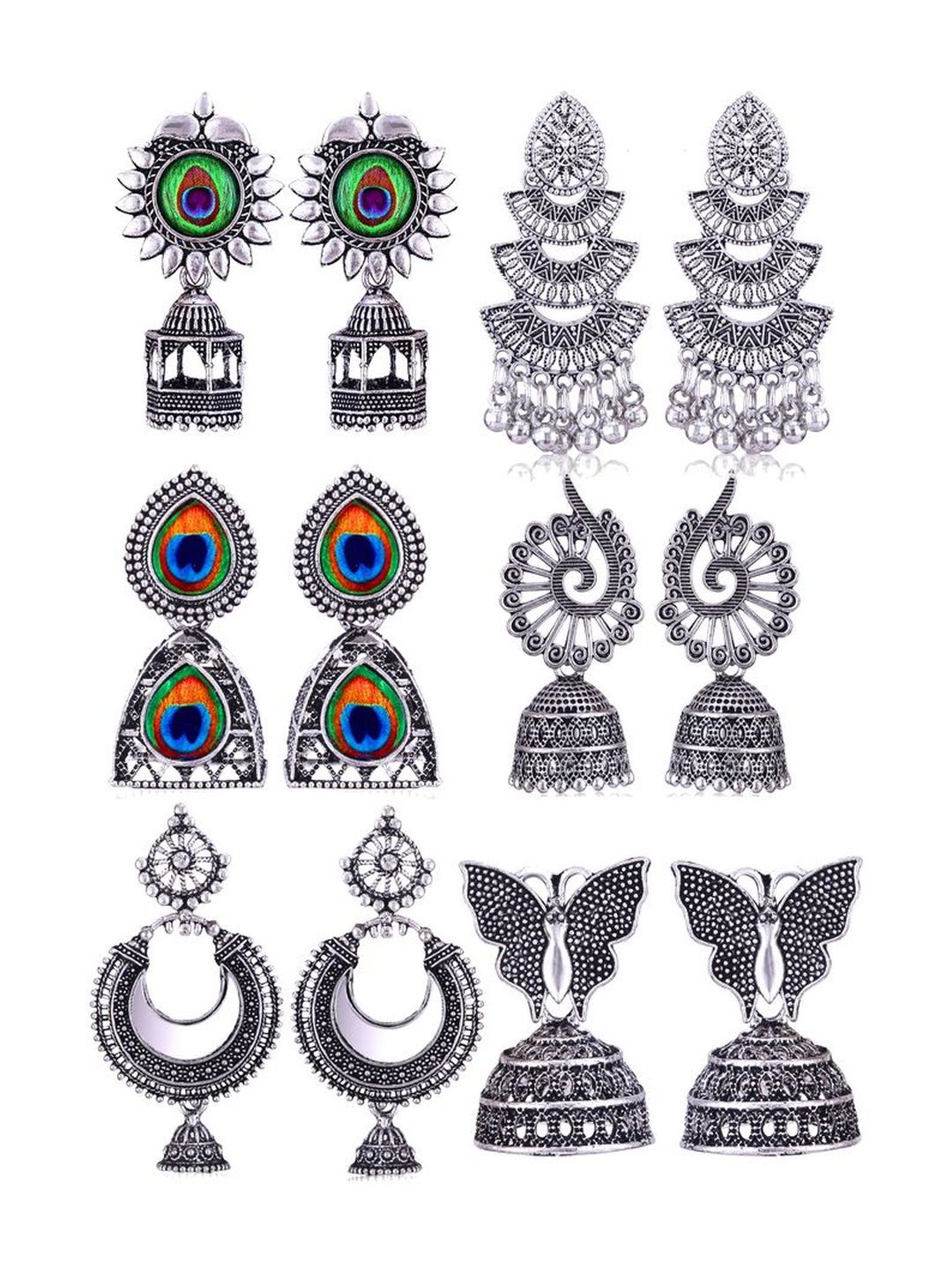 Sangria Set Of 6 Silver-Plated Stones-Studded & Beaded Oxidized Jhumka Earrings-picture-13